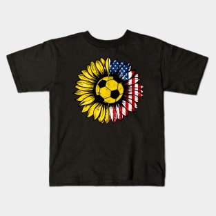 Sunflower American Flag Soccer Lover Gifts 4th Of July Kids T-Shirt